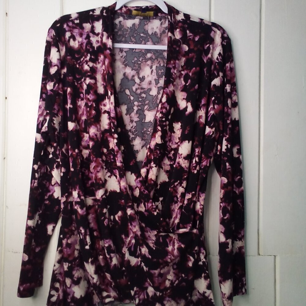 Rachel Rachel Roy Blouse Women M Long Sleeve V-Neck Wrap Floral Black Purple